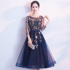 Navy Blue Lace Floral Tulle Tea Length Wedding Party Dress, Blue Formal Dress