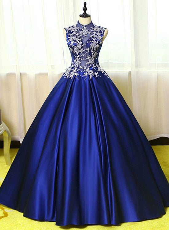 Royal Blue Satin Long Party Dress, Blue Formal Gowns, Prom Gowns