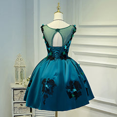 Lovely Satin Knee Length Ball Gown Party Dress with Flower Lace, Short Prom Dress