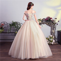 Charming Pink Off Shoulder Ball Gown Formal Dress, Lace Applique Party Dress
