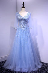 Blue Long Sleeves Beaded Tulle Formal Gown, Sparkle Junior Prom Dress