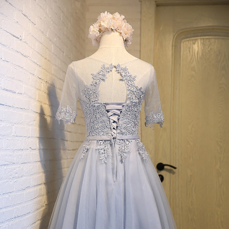 Light Grey Tea Length Homecoming Dress, Round Neckline Party Dresses 