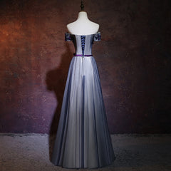 Lovely Navy Blue Tulle Off Shoulder Long Party Dress, A-line Floor Length Evening Dress