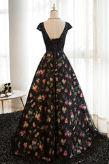 Black Floral Tulle Long Party Gown, Charming Prom Dress , Party Dress