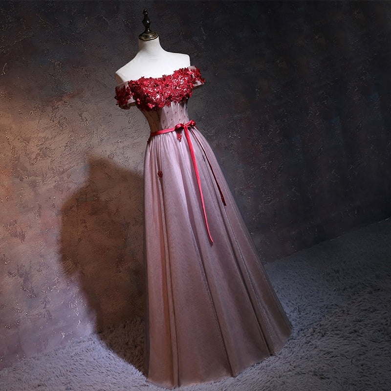 Unique Pink Tulle Off Shoulder Party Dress with Lace Applique, Pink Bridesmaid Dress