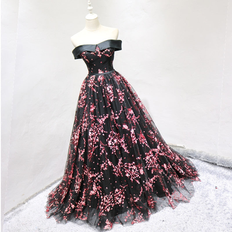 Black Tulle Off Shoulder Flowers Elegant Lace-up Evening Party Gown, Black Formal Dress
