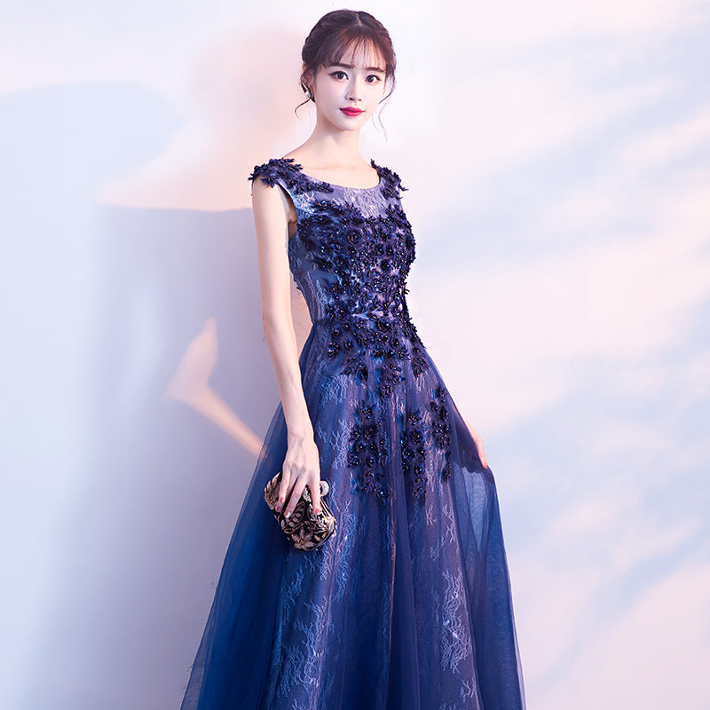 Beautiful A-line Tulle Long Party Dress with Lace Applique, Long Evening Dresses Formal Dress