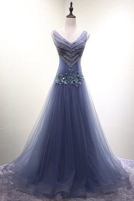 Beautiful Dark Blue Beaded V-neckline New Style Prom Dress , Long Formal Gowns, Prom Dresses