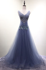 Beautiful Dark Blue Beaded V-neckline New Style Prom Dress , Long Formal Gowns, Prom Dresses