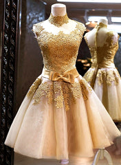 Champagne Tulle with Applique Elegant Vintage Style Prom Dress,  Knee Length Junior Prom Dress