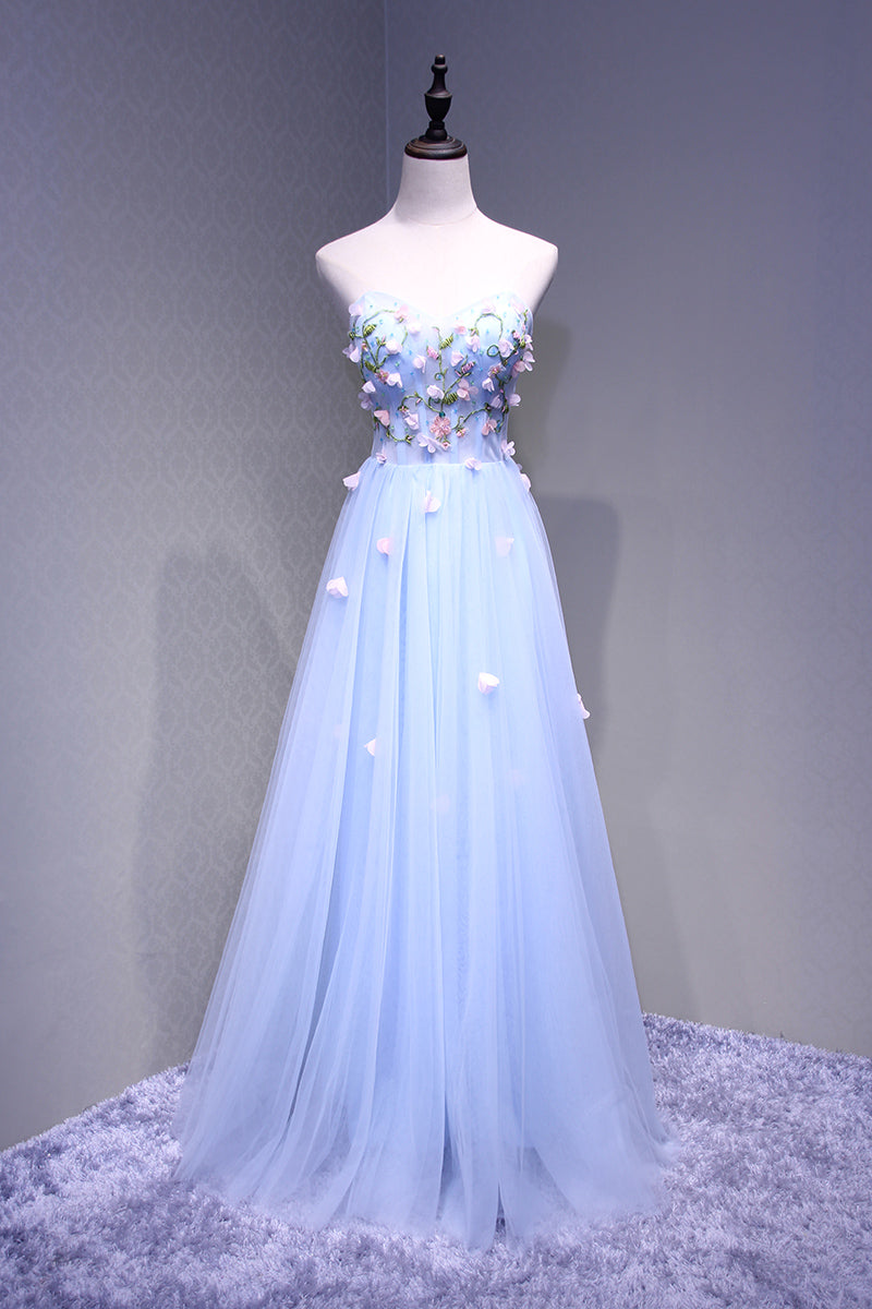 Sweetheart Light Blue Flowers Floor Length Party Dress, Charming Formal Gown