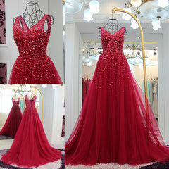 Fasionable Sparkle Tulle V-neckline Long Wine Red Evening Gown, Long Prom Dress