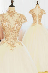 Beautiful White Tulle Cap Sleeves with Gold Applique Long Occasion Formal Dress, Beautiful Formal Dress