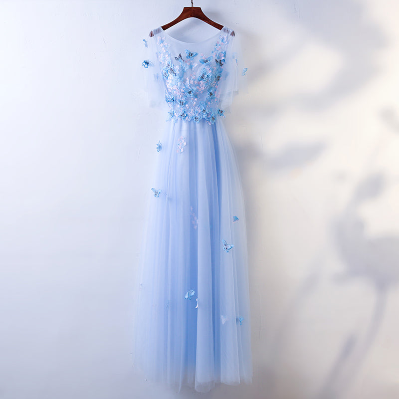 Simple A-line Blue Tulle with Lace Applique, Blue Floor Length Prom Dress