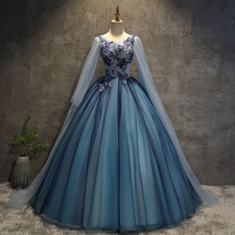 Blue Tulle Ball Gown Long Sweet 16 Dress with Lace Applique, Prom Dres ...