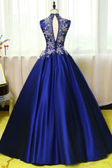 Royal Blue Satin Long Party Dress, Blue Formal Gowns, Prom Gowns