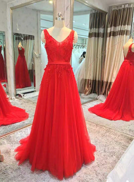 Red V-neckline Tulle Long Party Gown, Red Formal Dress , Party Dress