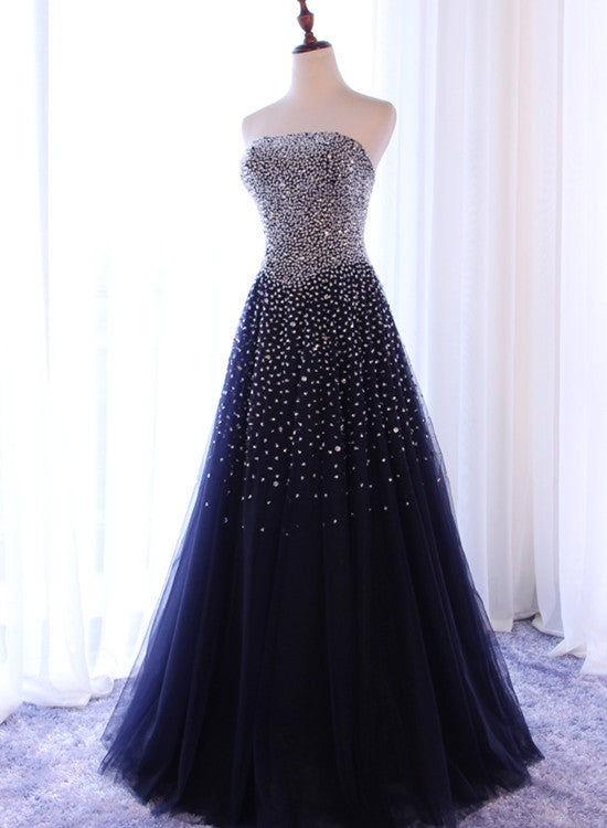 Sparkle Navy Blue Tulle Long Prom Dress, Prom Dresses 2018, Party Dresses