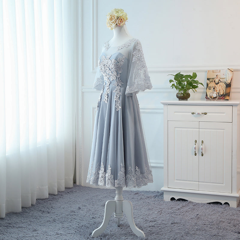 Lovely Tulle Grey Lace Party Dress with Lace, Short Formal Dress Prom Dress