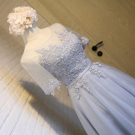 Light Grey Tea Length Homecoming Dress, Round Neckline Party Dresses 