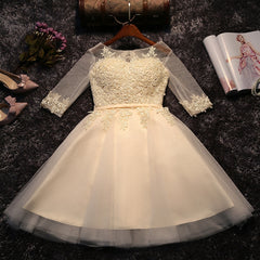Light Champagne Round Neckline 1/2 Sleeves Tulle Party Dress, Lovely Teen Party Dresses