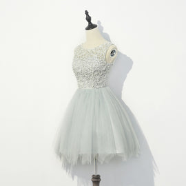 Cute Grey with Lace Round Neckline Party Dress, Women Formal Dresses
