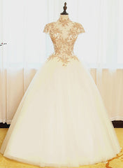 Beautiful White Tulle Cap Sleeves with Gold Applique Long Occasion Formal Dress, Beautiful Formal Dress
