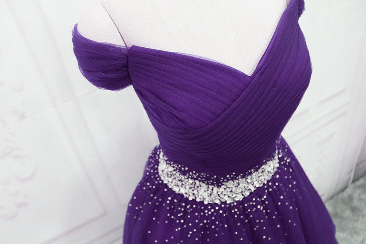 Dark Purple Tulle Off Shoulder Long Party Dress, A-line Purple Prom Dr -  dreamydressprom
