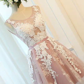 Dark Pink Tulle Round Neckline Short Party Dress with Applique, Lovely Homecoming Dress