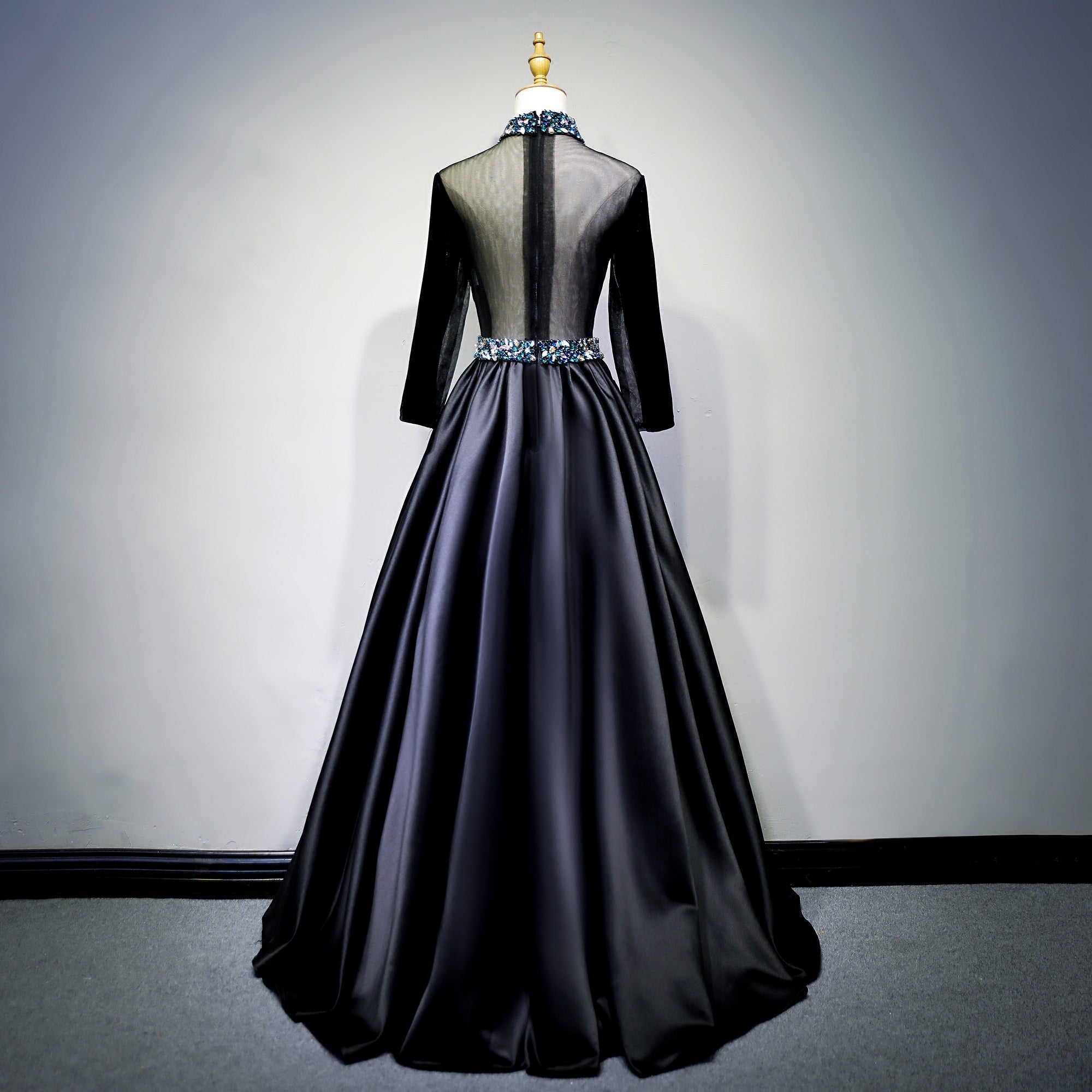 Black Satin and Velvet Long Sleeves Party Gown, Long Evening Dress Cutedressy Black Satin and Velvet Long Sleeves Party Gown, Long Evening Dress Cutedressy