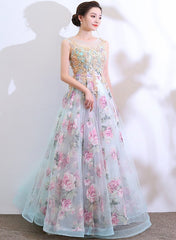 Beautiful Floral Tulle and Lace Long Party Dress, A-line Evening Dress