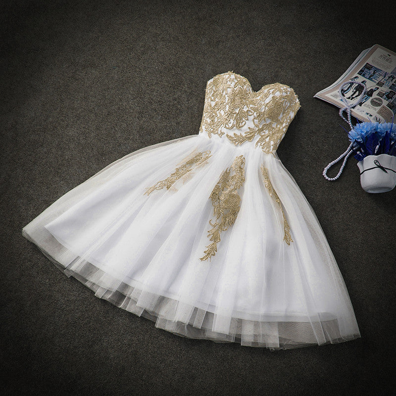 Cute White Tulle Party Dress with Gold Applique, Prom Dresses, Short Prom Dresses