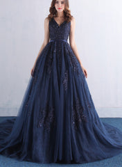 Navy Blue Long Tulle Formal Gowns, V-neckline Prom Dress, Elegant Formal Dress