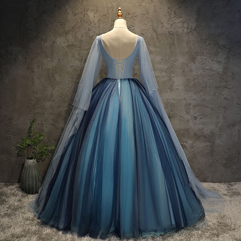 Blue Tulle Ball Gown Long Sweet 16 Dress with Lace Applique, Prom Dress