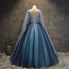 Blue Tulle Ball Gown Long Sweet 16 Dress with Lace Applique, Prom Dress