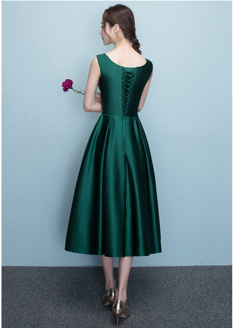 Dark Green Tea Length Bridesmaid Dress, Green Satin Prom Dress