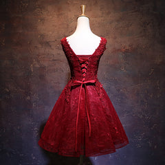 Wine Red Short Lace Cute Homecoming Dress, V-neckline Lace-up Teen Party Dress