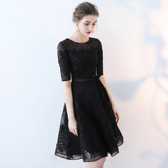 Cute Black Lace Short Sleeves Party Dress, Black Lace Homecoming Dress