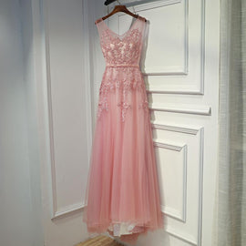 Pink V-neckline Tulle Long Party Dress, Pink Prom Dress Formal Dress