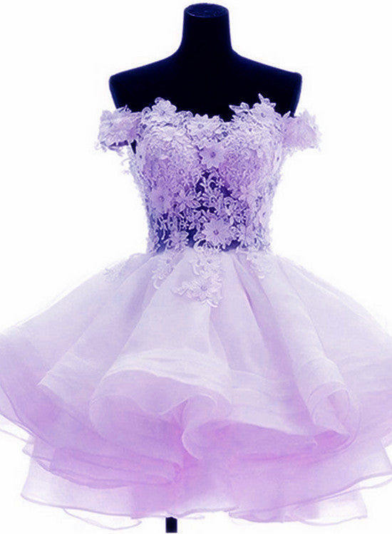 Lavender Off Shoulder Organza Short Lace Applique Teen Formal Dress, Charming Formal Dress