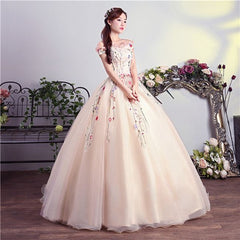 Charming Pink Off Shoulder Ball Gown Formal Dress, Lace Applique Party Dress