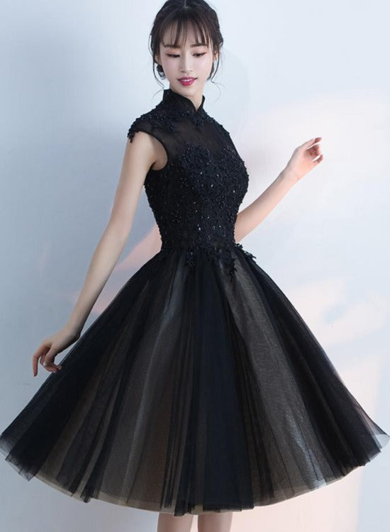 Black Tulle Homecoming Dress with High Neckline, Black Short Party Dress Prom Dress