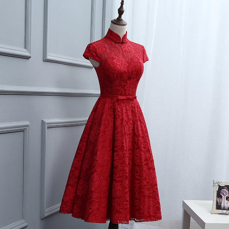 Red Lace Knee Length High Neckline Party Dress, Lace Homecoming Dresses