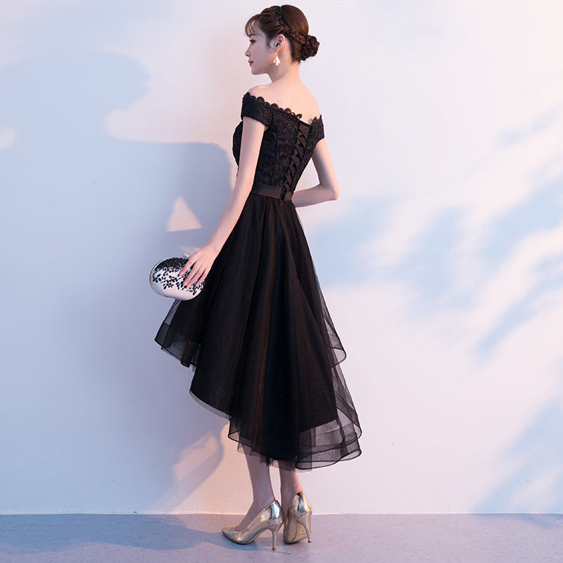Black Tulle Lace Off Shoulder Homecoming Dress, High Low Fashionable Prom Dress Black Tulle Lace Off Shoulder Homecoming Dress, High Low Fashionable Prom Dress