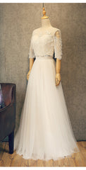 Beautiful White Tulle Two Piece Lace Party Dress, Simple White Evening Gown
