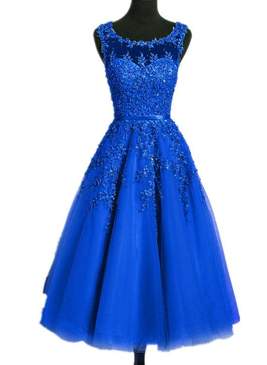 Royal Blue Tulle Tea Length Applique Round Neckline Formal Dress, Blue Wedding Party Dress