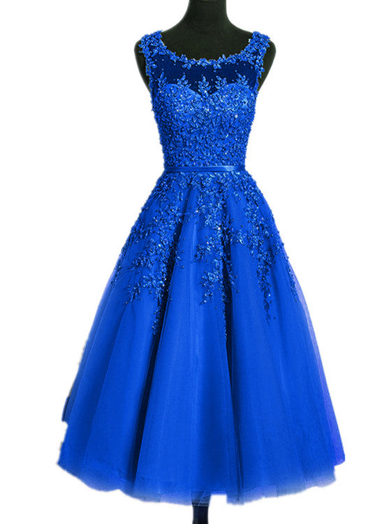 Royal Blue Tulle Tea Length Applique Round Neckline Formal Dress, Blue – Cutedressy