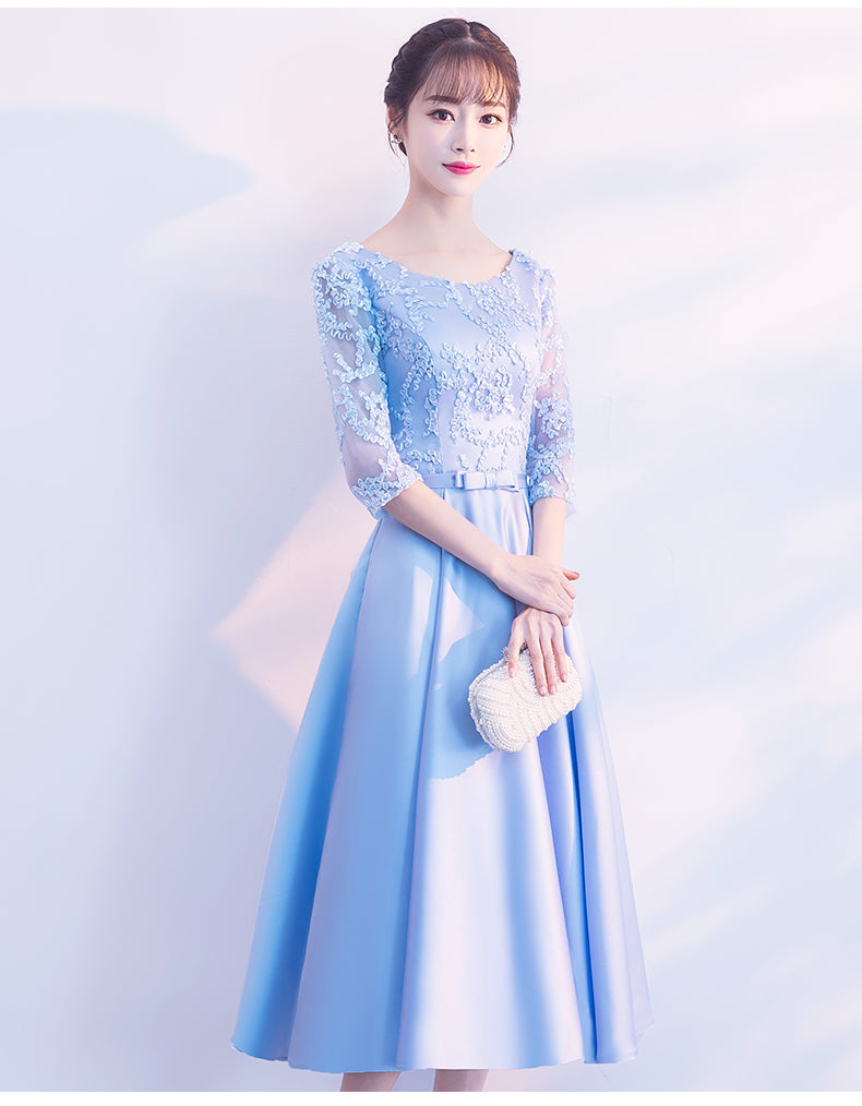 Light Blue Satin Tea Length Bridesmaid Dress, Short Sleeves Party Dress