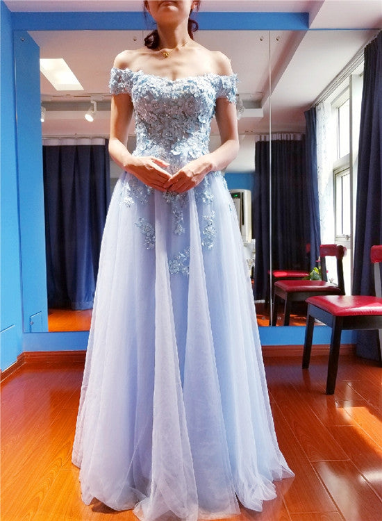 Beautiful Light Blue Off Shoulder Tulle A-line Long Party Dress, Floor Length Senior Prom Dress