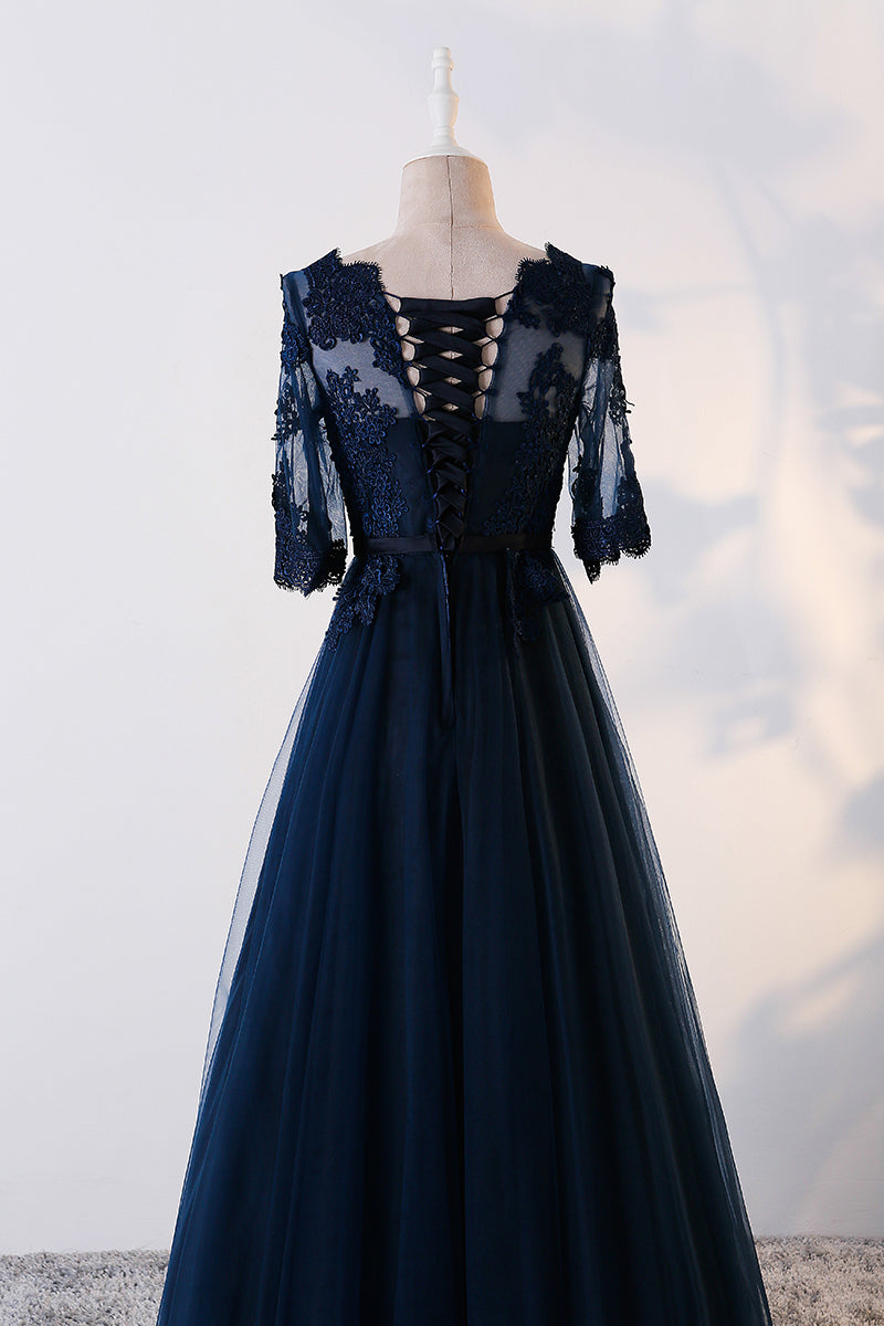 Charming Navy Blue Tulle Long Party Dress , Blue Prom Dress